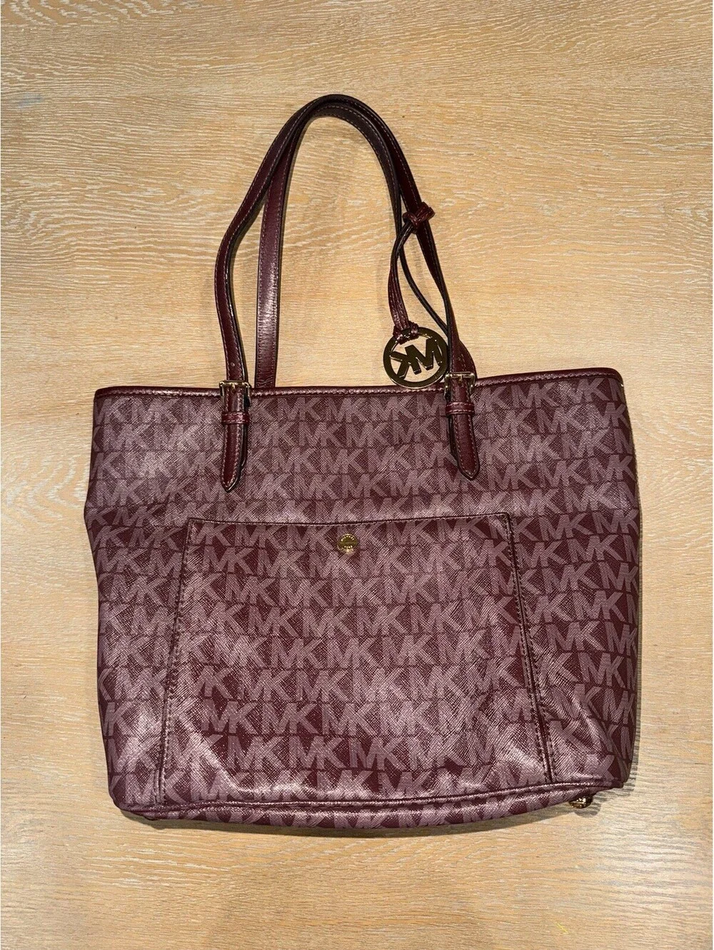 Michael Kors Signature Jet set Burgundy Merlot Maroon Tote Shoulder Bag Purse